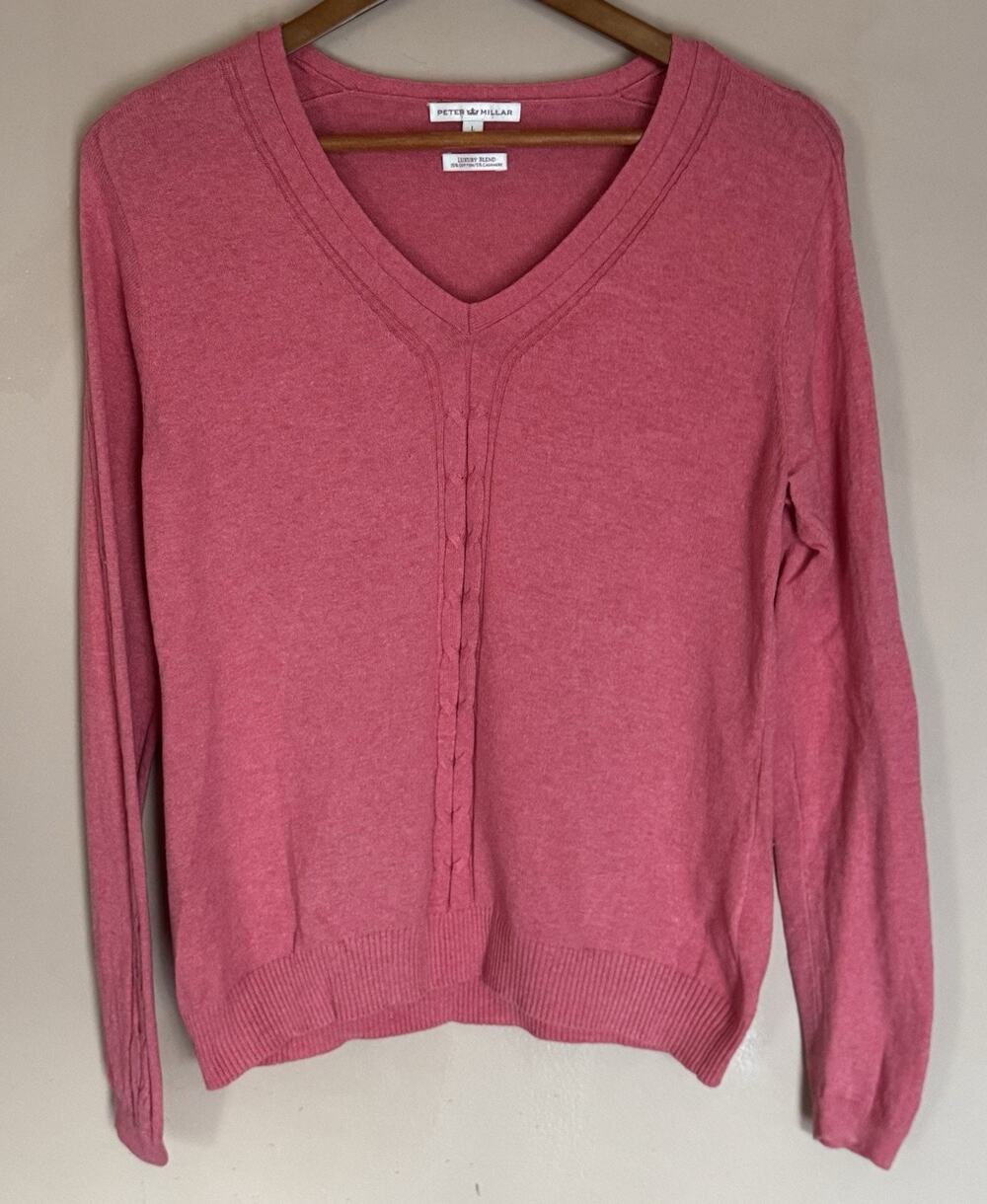 PETER MILLAR Women’s L Pink Cotton Cashmere V Neck Cable Sweater Luxury Blend